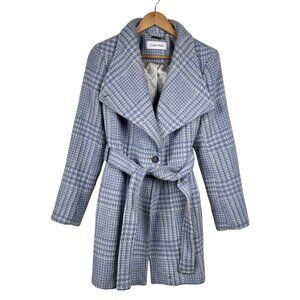 Calvin Klein Womens Asymetrical Belted Houndstooth Wool Blend Coat Sz PL